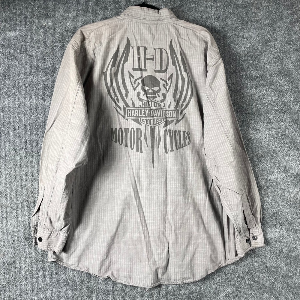 Harley Davidson Shirt Mens 2XL Gray Slim Long Sleeve Button Down Skull Willie G